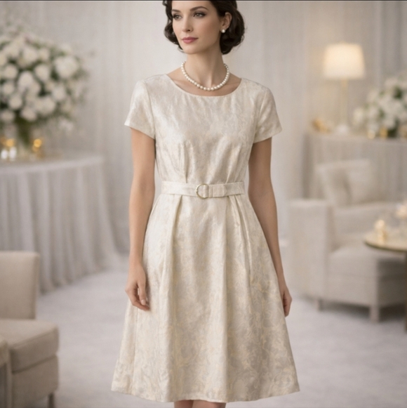 Vtg 50s Syd Chicago ivory lame print belted scoop neck Trad Wife dress sz 4 - Picture 8 of 9